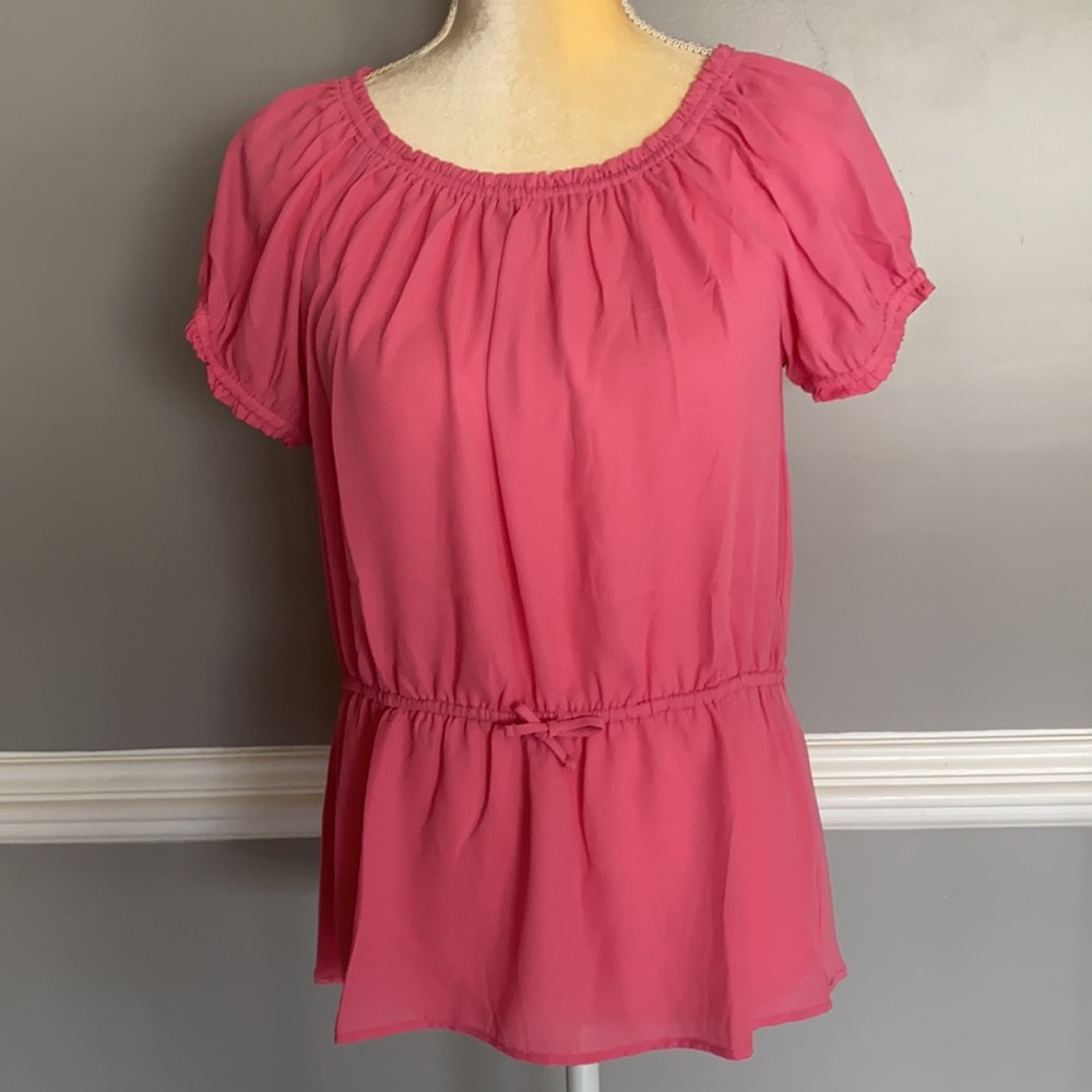 Ann Taylor Petite Mixed Media Tie Waist Top Small Petite - Picture 3 of 11